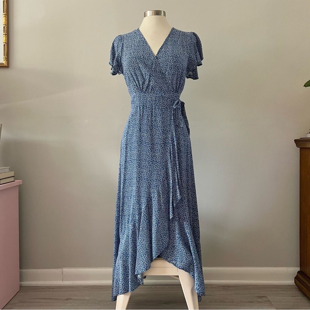 Short Sleeve Midi Wrap Dress Blue White Floral Print M